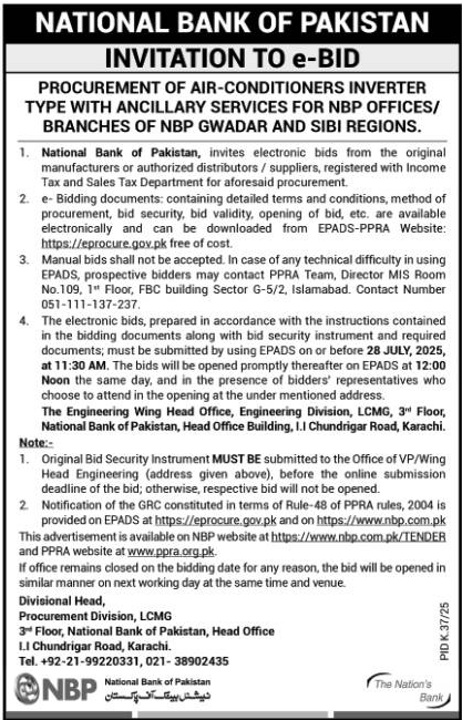 National Bank of Pakistan Karachi Tender Notice